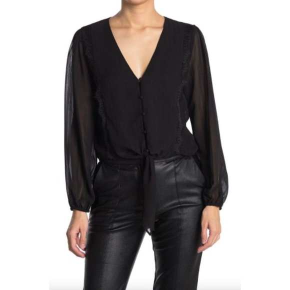 Wayf Tops - WAYF Lace Trim Knotted Long Sleeve Blouse Black Women's Size M